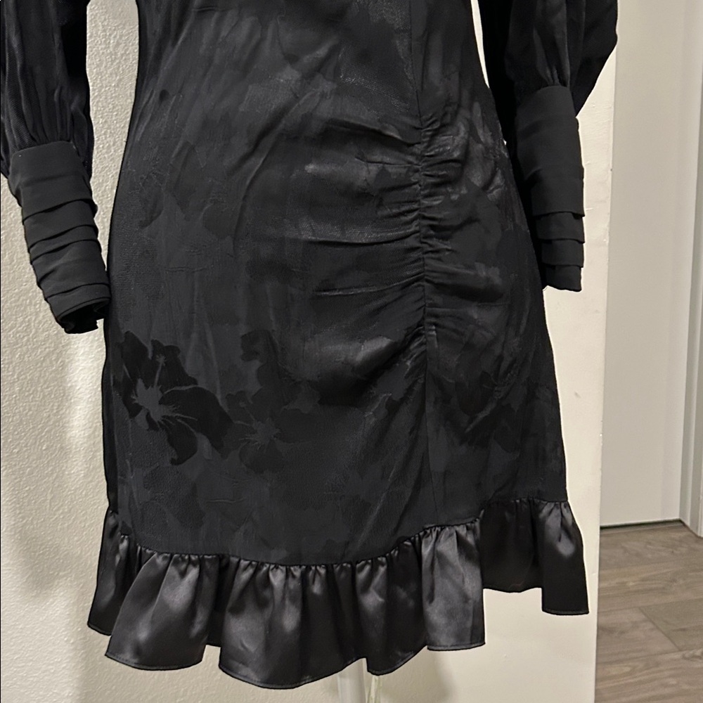 LoveShackFancy Black Jacquard Puff Sleeve Mini Dress XS Satin Ruffle Hem NWT - Picture 7 of 16